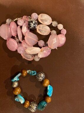 TWO stone and bead stretch bracelets.